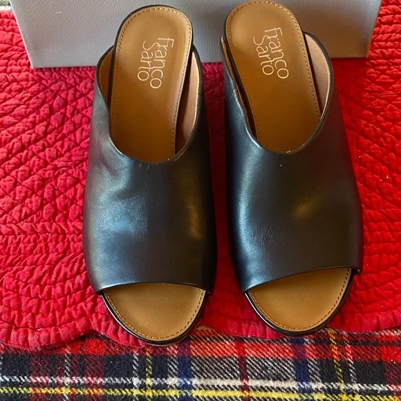 Franco Sarto Black Leather Wedge Sandals - Picture 2 of 5